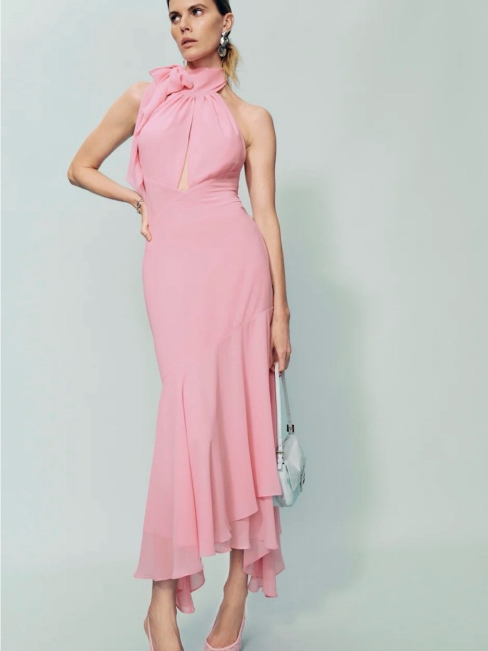 Reformation Elegant Pink Halter Midi Dress with Bow Detail